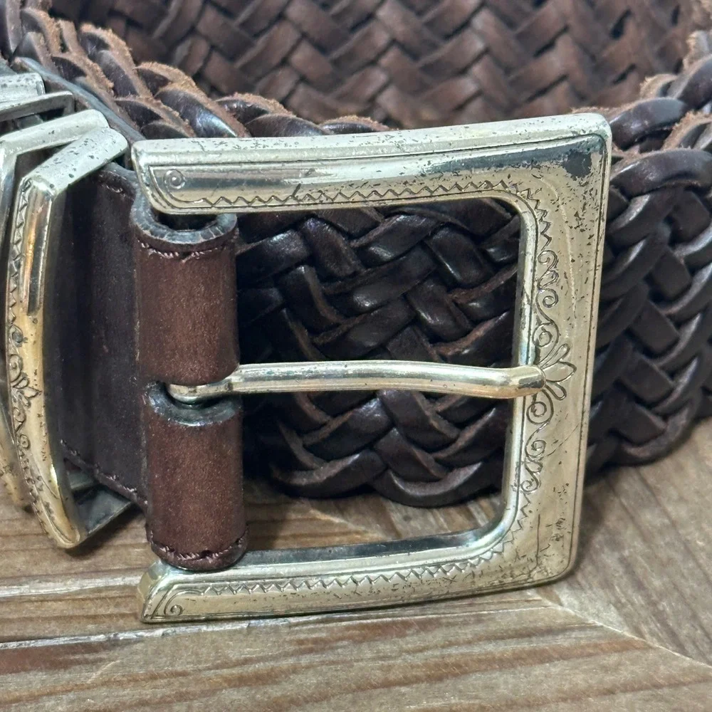 Vintage Brighton Brown Woven Braided Leather Belt Silver Buckle XS/26 97068